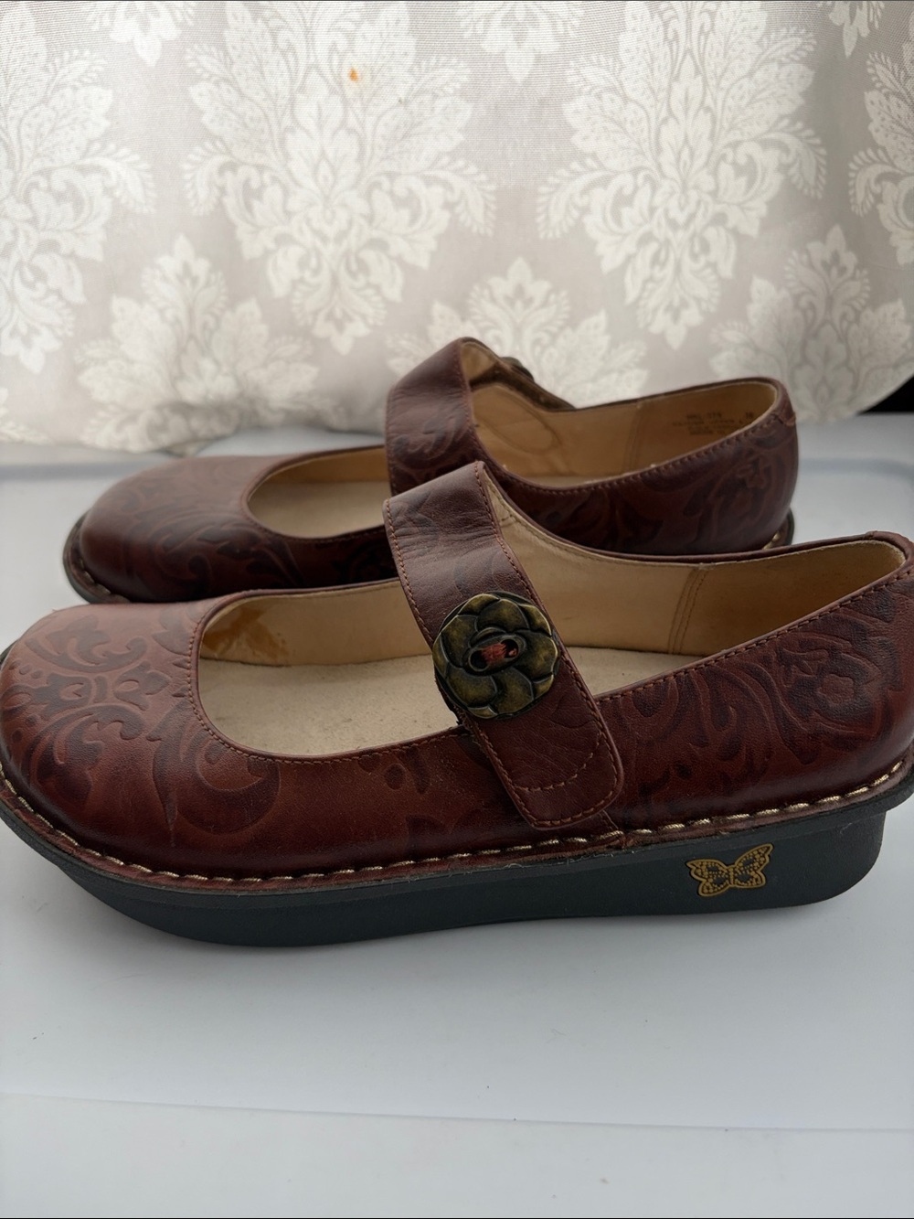 Alegria Brown Embossed Mary Jane with Flower Buckle